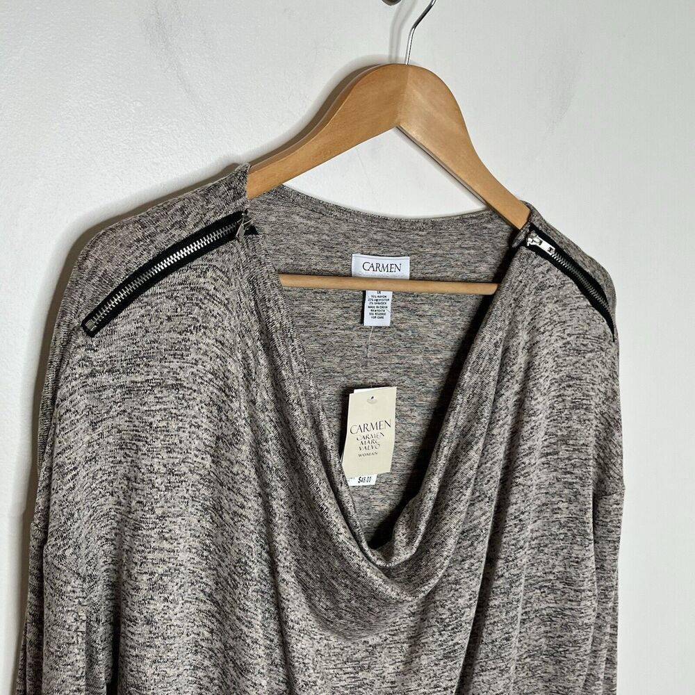 Carmen Marc Valvo Cowl Neck Knit Top Heather Tan Womens 1X Long Sleeve - Picture 2 of 7